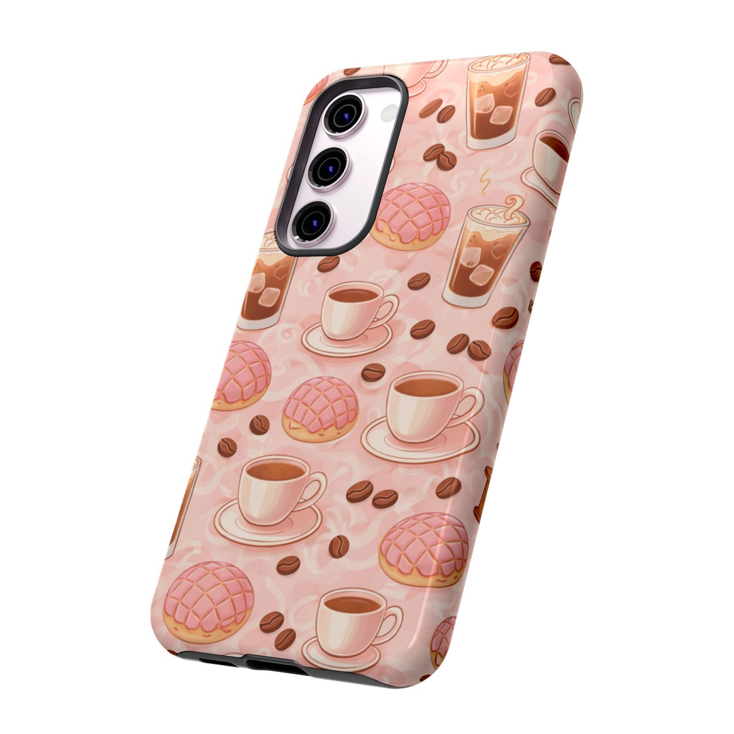 Cute Coffee & Pink Concha Phone Case – Coffee Lover Aesthetic Latte Pattern Tough Case