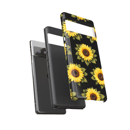Sunflower Floral Tough Phone Case – Black Background Protective Cover for Iphone, Samsung Galaxy and Pixel