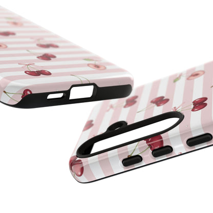 Pink Cherry Stripe Phone Case | Cute Coquette Aesthetic Protective Tough Case