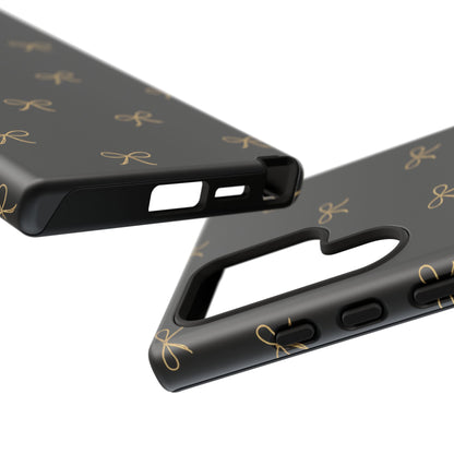 Black Phone Case with Gold Bow Pattern – Slim Protective Cute Aesthetic Cover for Iphone, Samsung Galaxy and Pixel