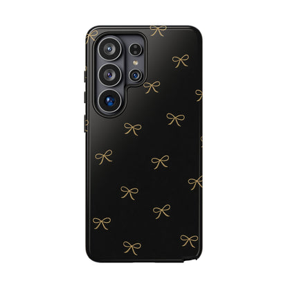 Black Phone Case with Gold Bow Pattern – Slim Protective Cute Aesthetic Cover for Iphone, Samsung Galaxy and Pixel