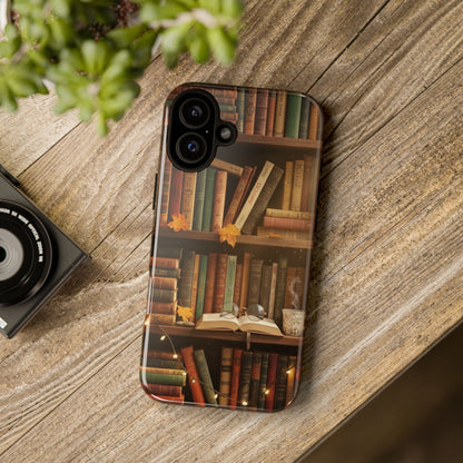 Cozy Vintage Bookshelf Phone Case, Library Aesthetic Book Stack, Autumn Coffee Vibes (iPhone, Samsung, Pixel)
