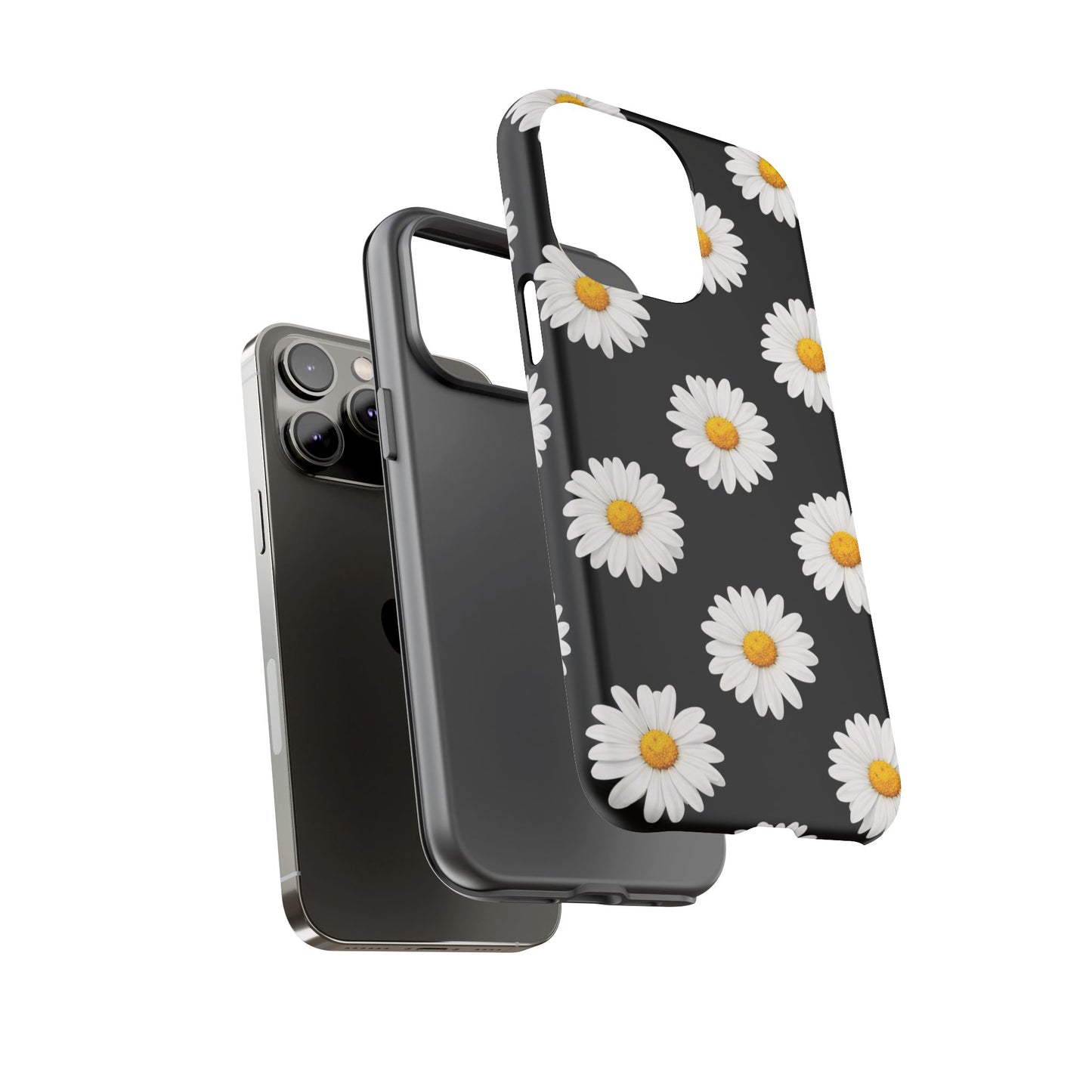 Black Daisy Floral Tough Phone Case – Cute Protective Cover for Iphone, Samsung Galaxy and Pixel