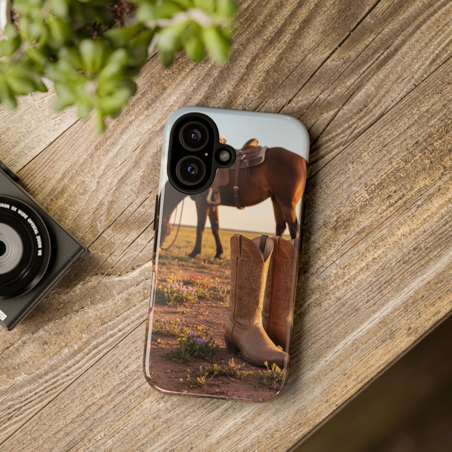 Western Cowboy Boots Phone Case – Rustic Horse Sunset Tough Case (iPhone, Samsung, Pixel)
