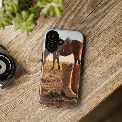Western Cowboy Boots Phone Case – Rustic Horse Sunset Tough Case (iPhone, Samsung, Pixel)