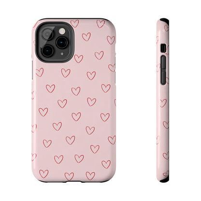 Pink Doodle Hearts Phone Case | Minimal Cute Heart Pattern Tough Case