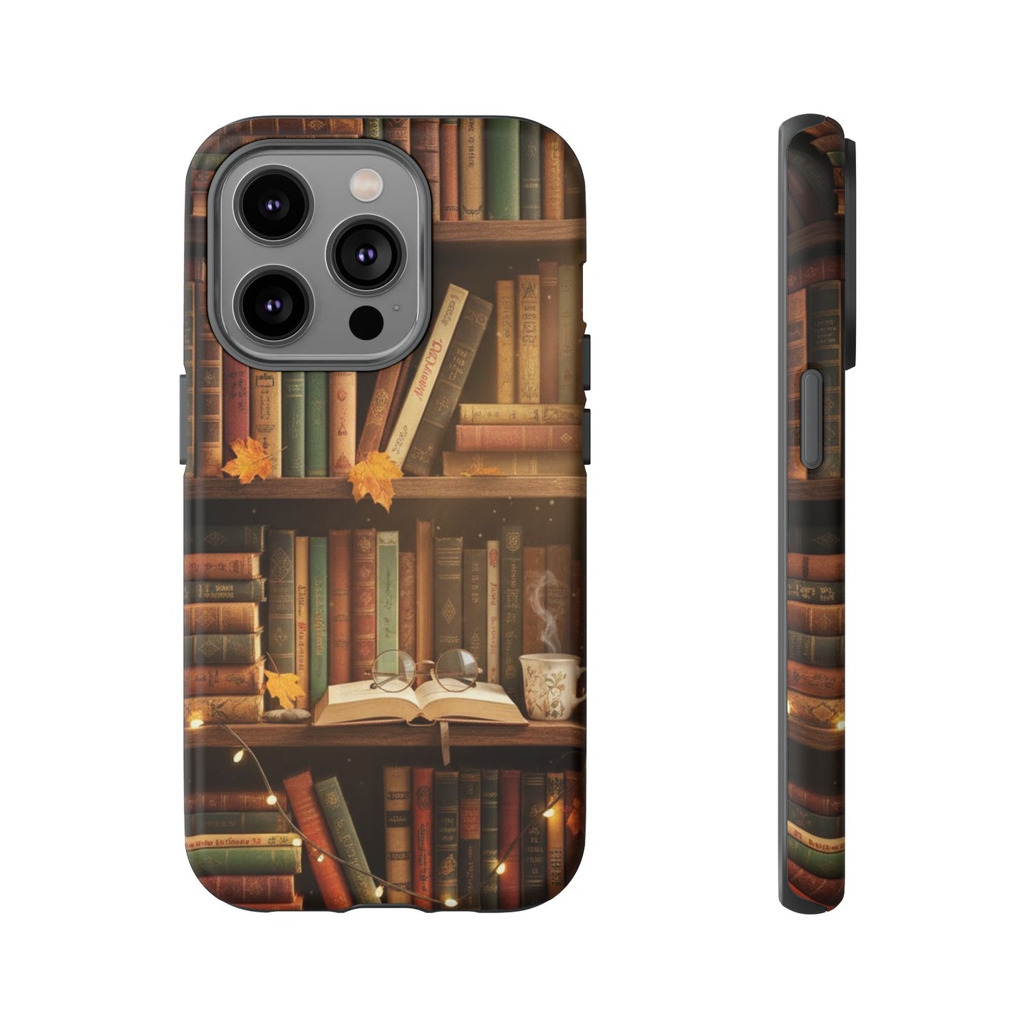 Cozy Vintage Bookshelf Phone Case, Library Aesthetic Book Stack, Autumn Coffee Vibes (iPhone, Samsung, Pixel)
