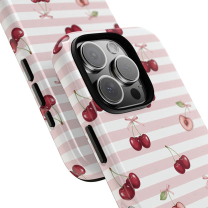 Pink Cherry Stripe Phone Case | Cute Coquette Aesthetic Protective Tough Case