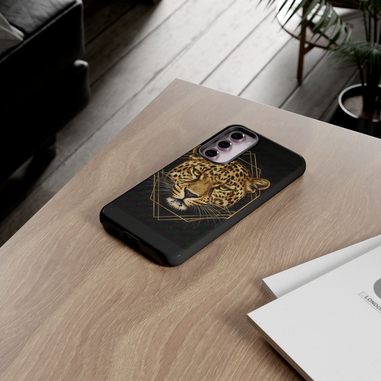 Leopard Head Geometric Phone Case – Black & Gold Luxe Tough Case