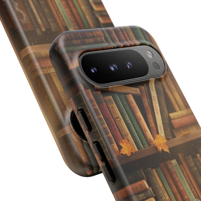 Cozy Vintage Bookshelf Phone Case, Library Aesthetic Book Stack, Autumn Coffee Vibes (iPhone, Samsung, Pixel)