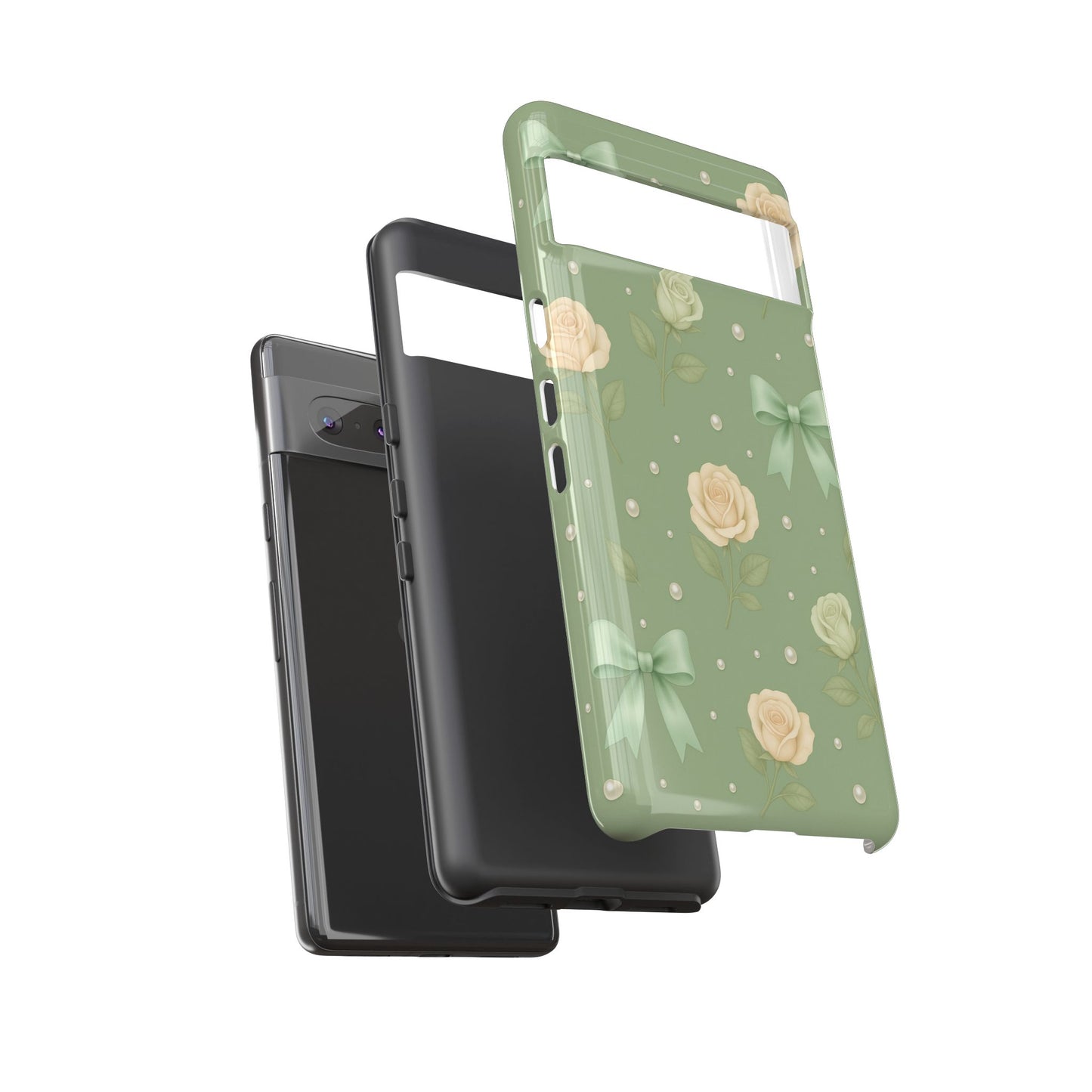 Vintage Rose Bow Phone Case – Sage Green Floral Coquette Aesthetic Tough Case (iPhone, Samsung, Pixel)