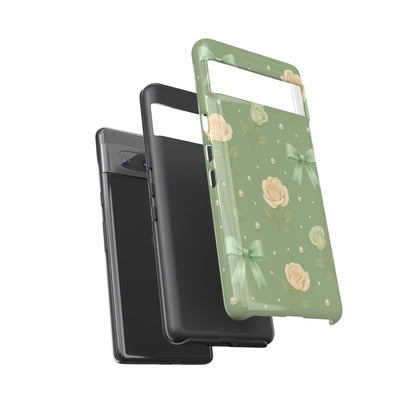 Vintage Rose Bow Phone Case – Sage Green Floral Coquette Aesthetic Tough Case (iPhone, Samsung, Pixel)