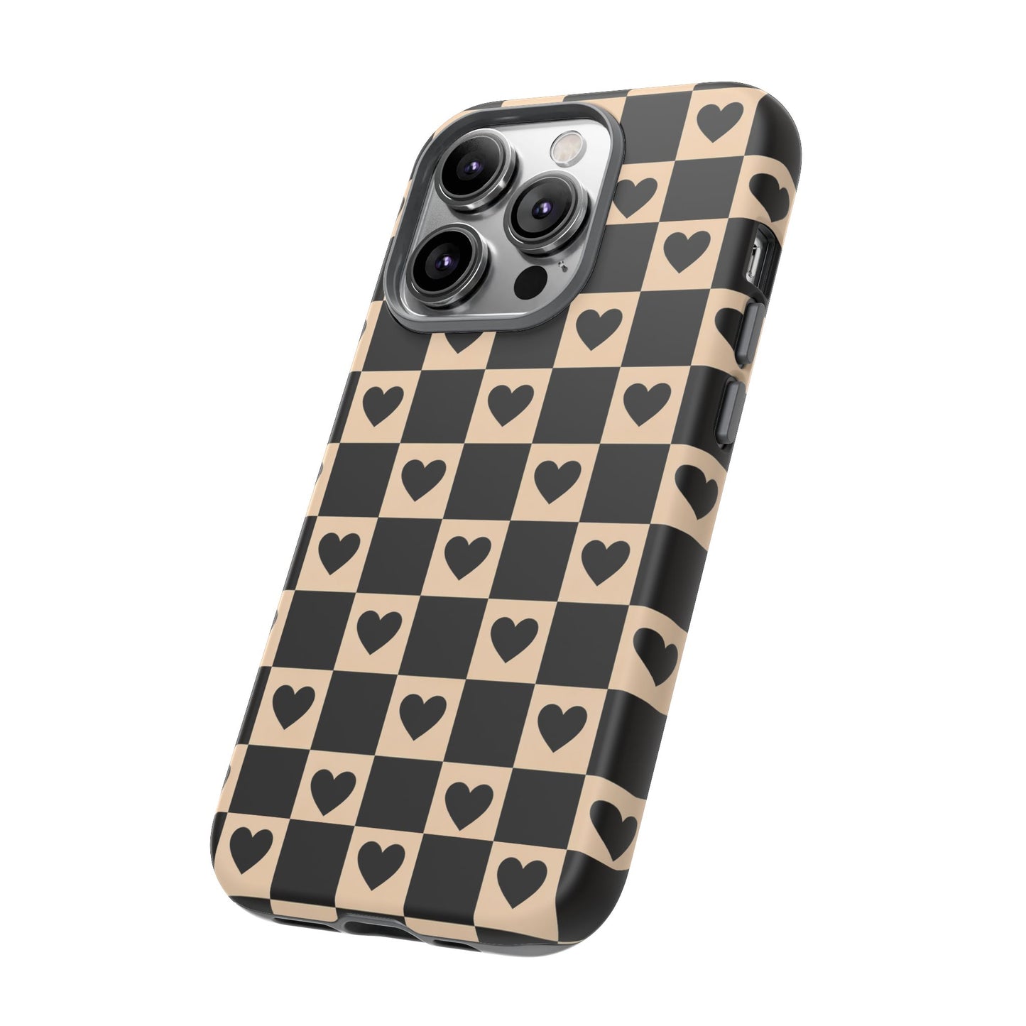 Checkerboard Heart Phone Case – Black & Beige Cute Aesthetic Protective Cover for Iphone, Samsung Galaxy and Pixel