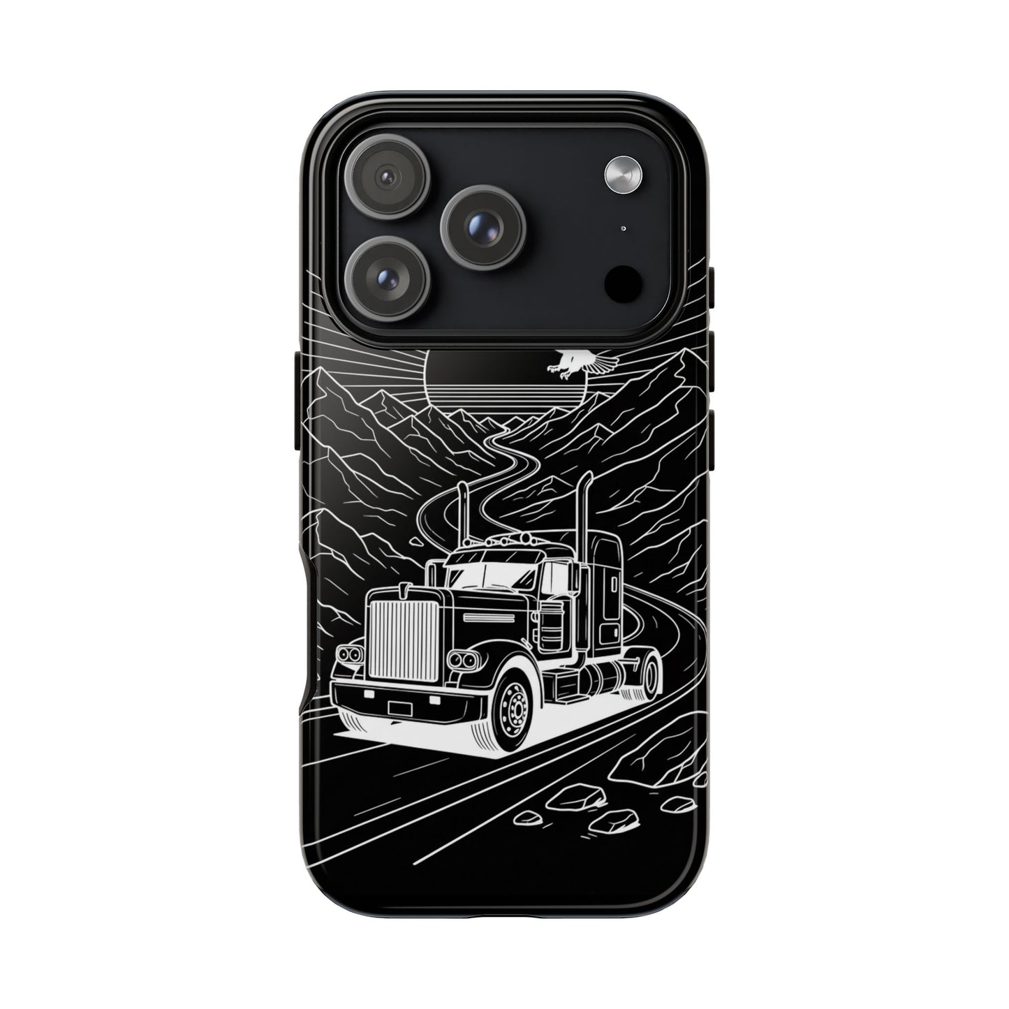 Trucker Highway Phone Case | Eagle & Mountain Line Art | Black Western Tough Case