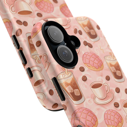 Cute Coffee & Pink Concha Phone Case – Coffee Lover Aesthetic Latte Pattern Tough Case