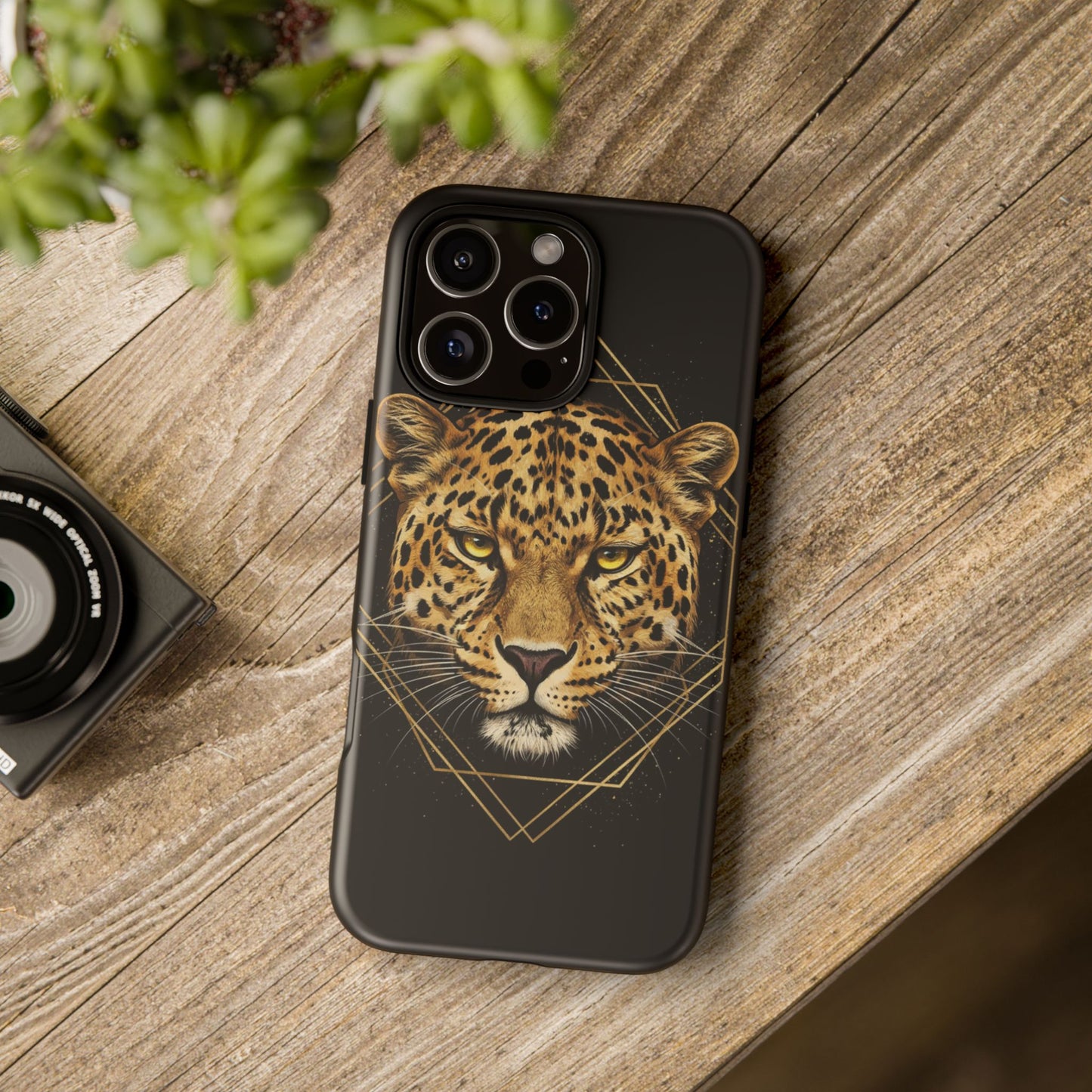 Leopard Head Geometric Phone Case – Black & Gold Luxe Tough Case