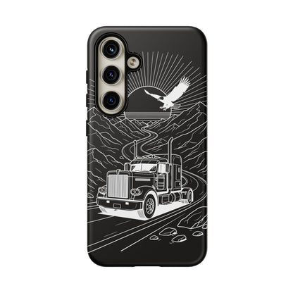 Trucker Highway Phone Case | Eagle & Mountain Line Art | Black Western Tough Case