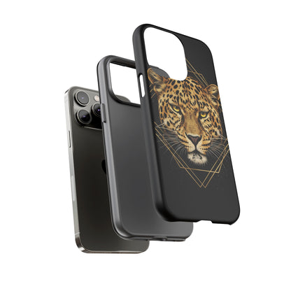 Leopard Head Geometric Phone Case – Black & Gold Luxe Tough Case