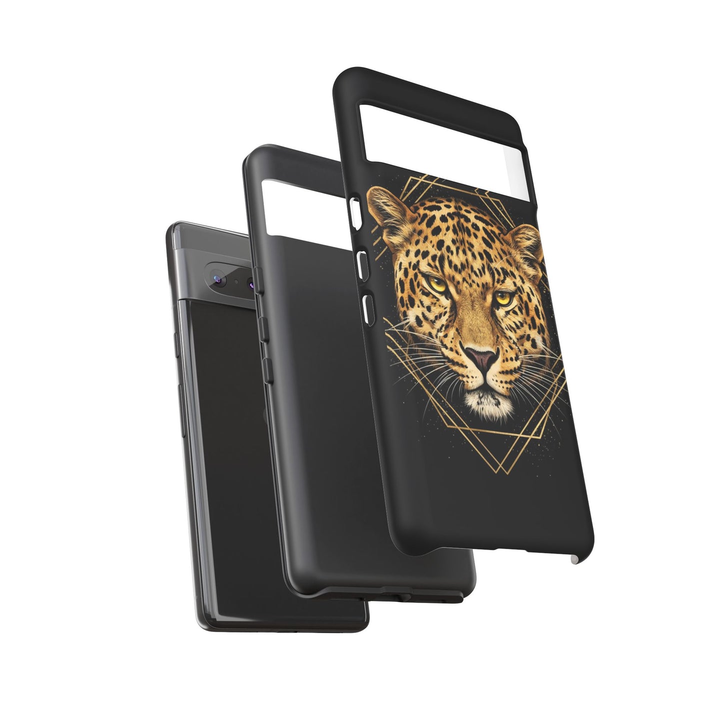 Leopard Head Geometric Phone Case – Black & Gold Luxe Tough Case