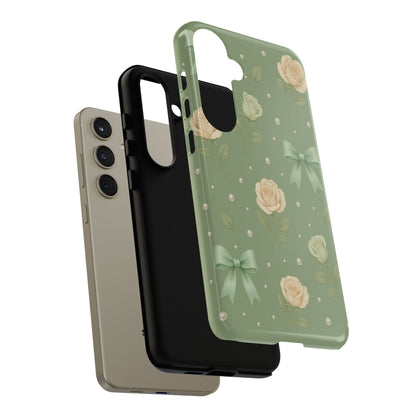 Vintage Rose Bow Phone Case – Sage Green Floral Coquette Aesthetic Tough Case (iPhone, Samsung, Pixel)