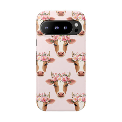 Floral Cow Phone Case – Cute Pink Cow Print Tough Protective Case for Iphone, Samsung Galaxy and Pixel