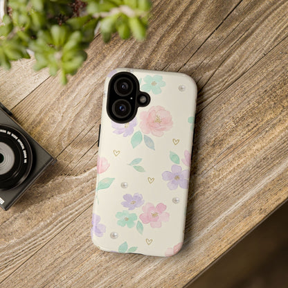 Pastel Floral Phone Case – Coquette Watercolor Flower Hearts Tough Case (iPhone, Samsung, Pixel)