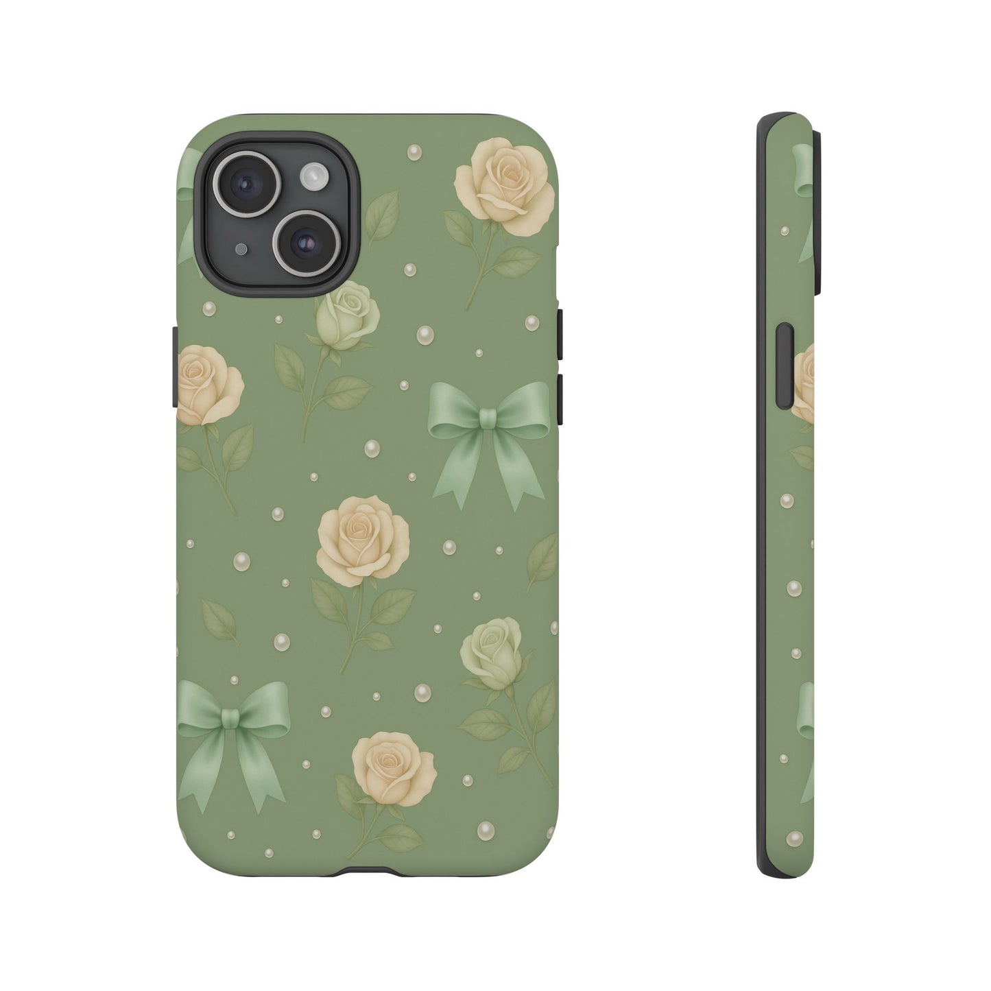 Vintage Rose Bow Phone Case – Sage Green Floral Coquette Aesthetic Tough Case (iPhone, Samsung, Pixel)