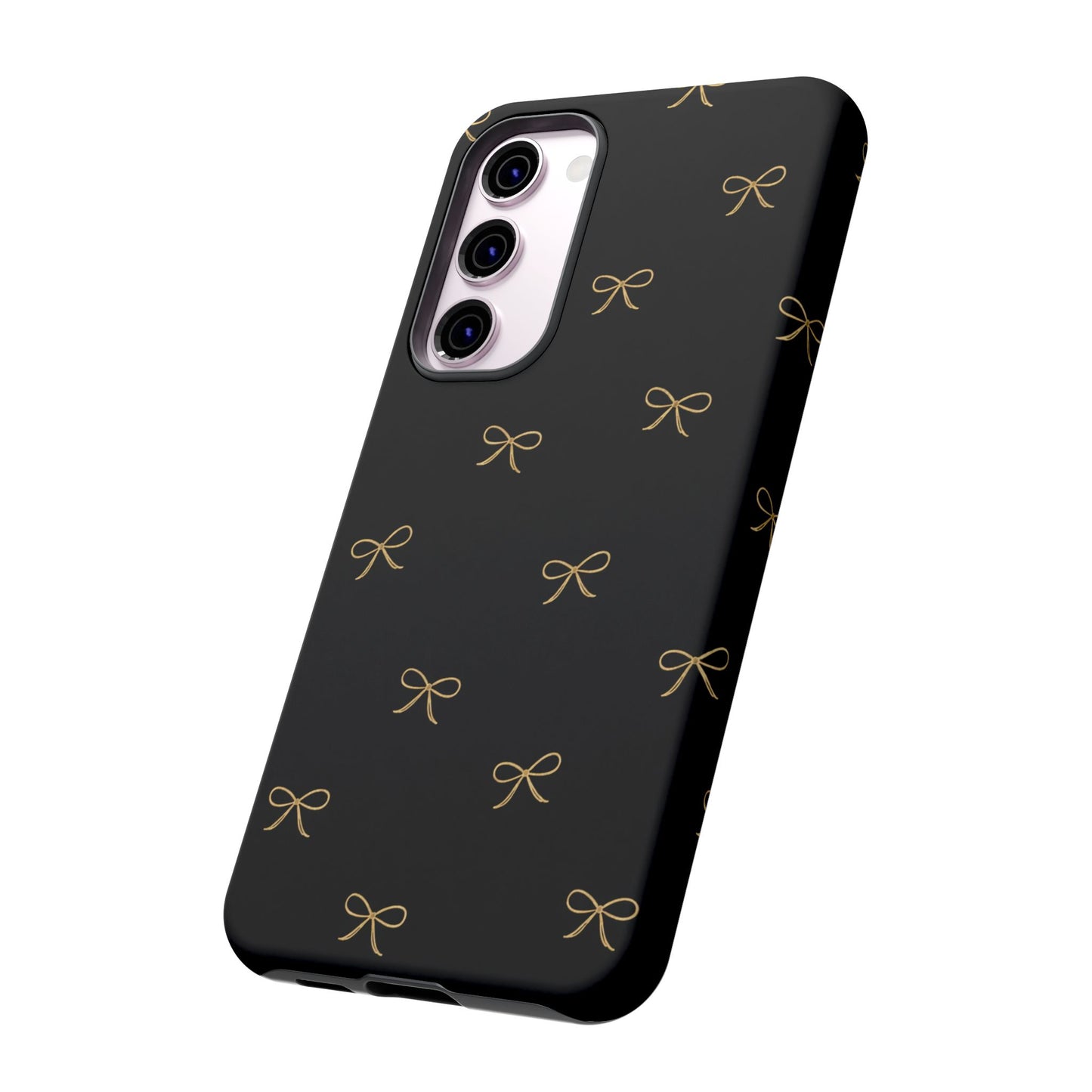 Black Phone Case with Gold Bow Pattern – Slim Protective Cute Aesthetic Cover for Iphone, Samsung Galaxy and Pixel