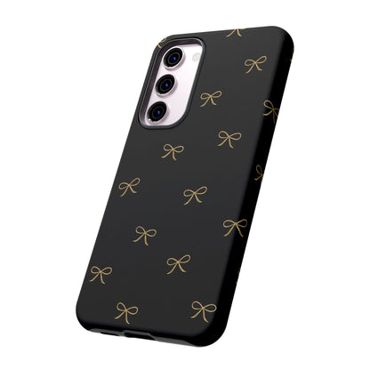 Black Phone Case with Gold Bow Pattern – Slim Protective Cute Aesthetic Cover for Iphone, Samsung Galaxy and Pixel