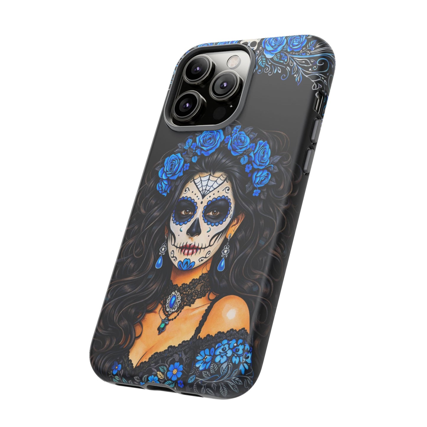 Blue Sugar Skull Woman Phone Case – Day of the Dead Aesthetic Tough Cover