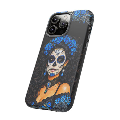 Blue Sugar Skull Woman Phone Case – Day of the Dead Aesthetic Tough Cover