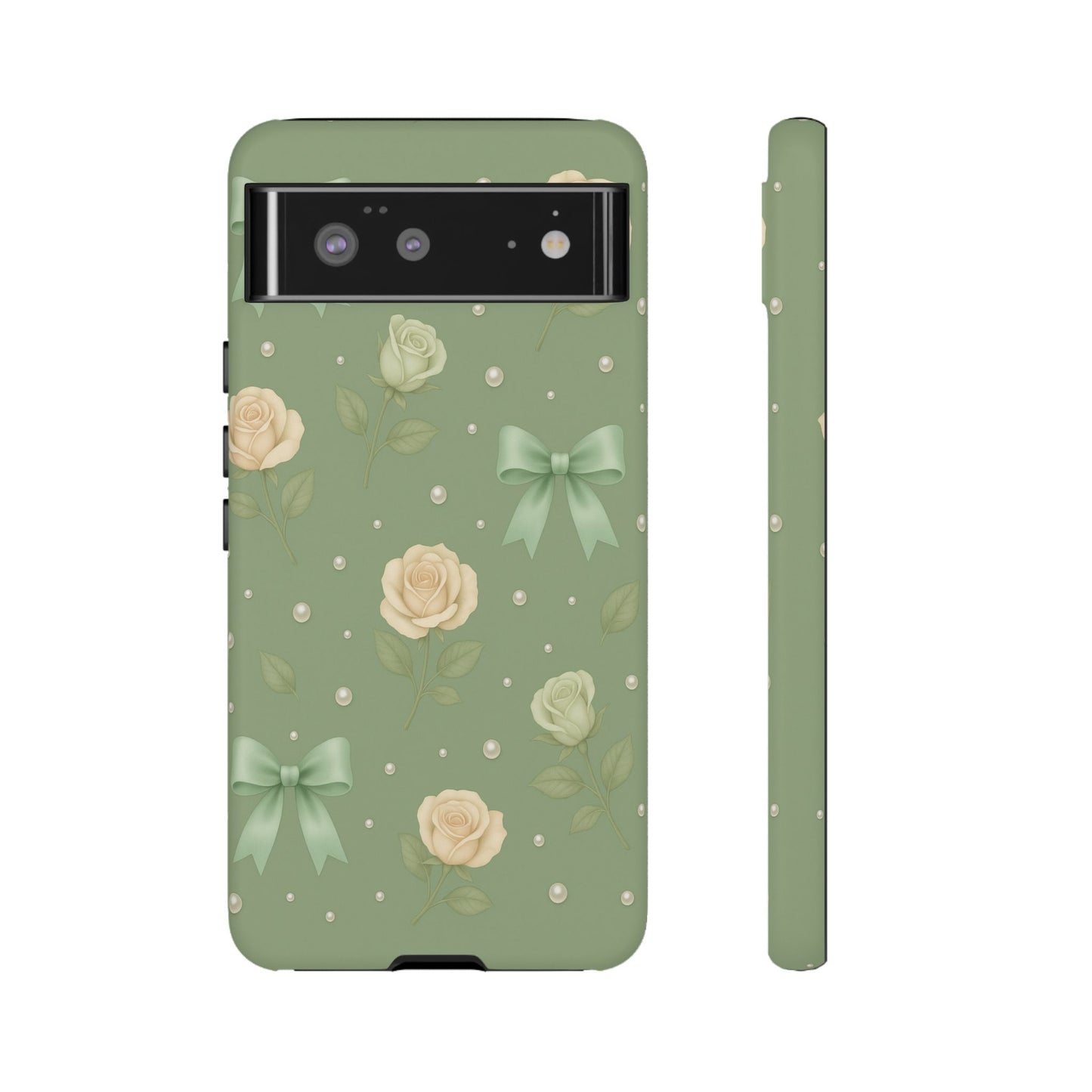 Vintage Rose Bow Phone Case – Sage Green Floral Coquette Aesthetic Tough Case (iPhone, Samsung, Pixel)