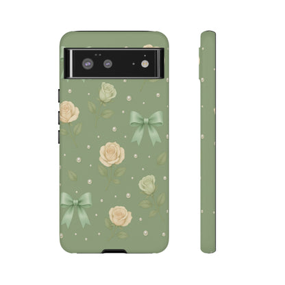Vintage Rose Bow Phone Case – Sage Green Floral Coquette Aesthetic Tough Case (iPhone, Samsung, Pixel)