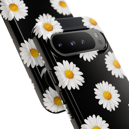 Black Daisy Floral Tough Phone Case – Cute Protective Cover for Iphone, Samsung Galaxy and Pixel
