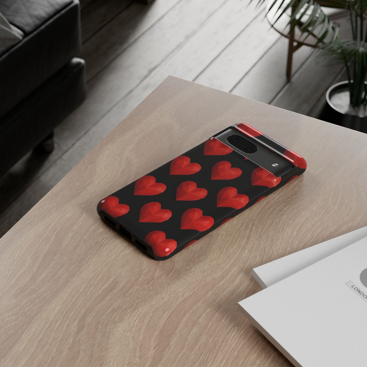Red Heart Phone Case – Geometric Heart Pattern Tough Case (Black)