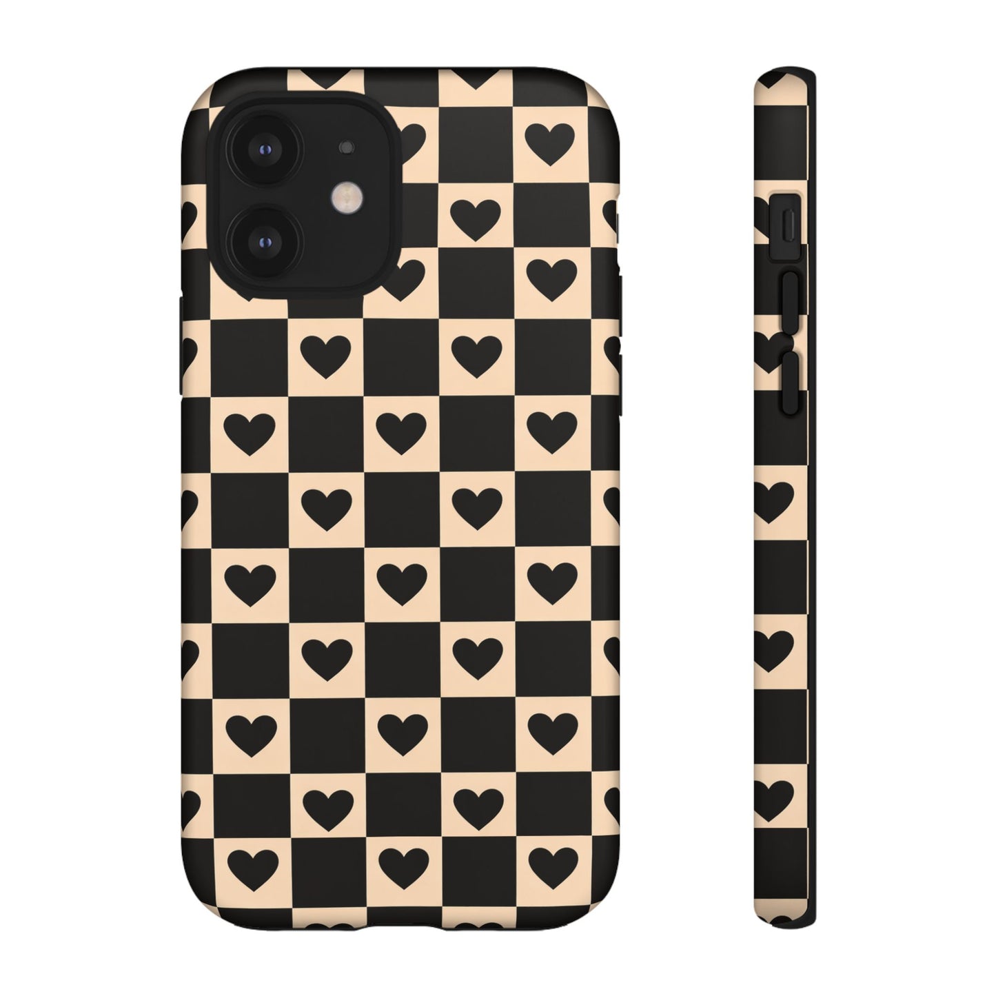 Checkerboard Heart Phone Case – Black & Beige Cute Aesthetic Protective Cover for Iphone, Samsung Galaxy and Pixel