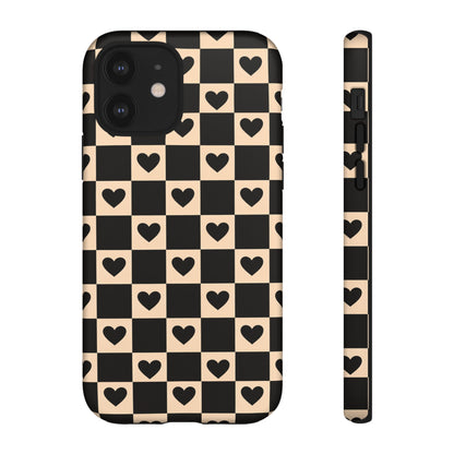 Checkerboard Heart Phone Case – Black & Beige Cute Aesthetic Protective Cover for Iphone, Samsung Galaxy and Pixel