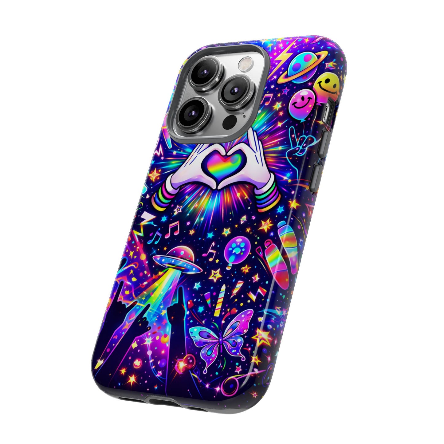 Rainbow Heart Hands Phone Case – Neon Galaxy EDM Festival Tough Cover