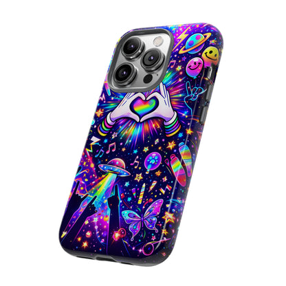 Rainbow Heart Hands Phone Case – Neon Galaxy EDM Festival Tough Cover