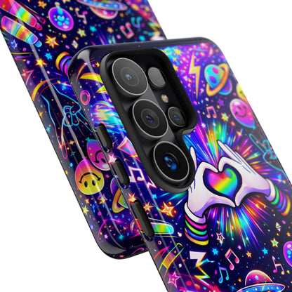Rainbow Heart Hands Phone Case – Neon Galaxy EDM Festival Tough Cover