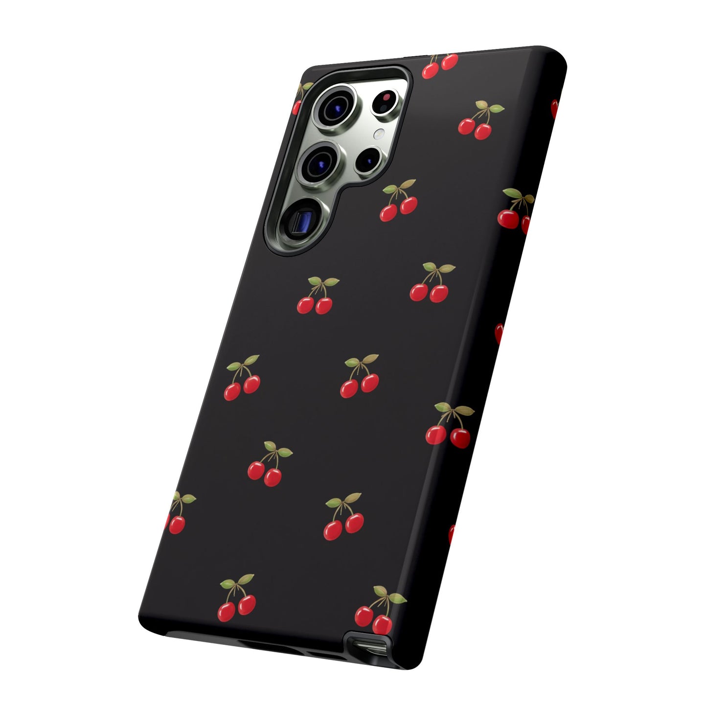 Cherry Pattern Phone Case — Slim Black Protective iPhone Case with Red Cherries for Iphone, Samsung Galaxy and Pixel