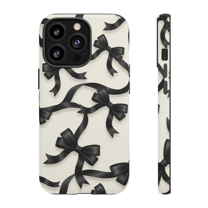 Black Ribbon Bow Phone Case, Minimal Bow Pattern Tough Protective Case