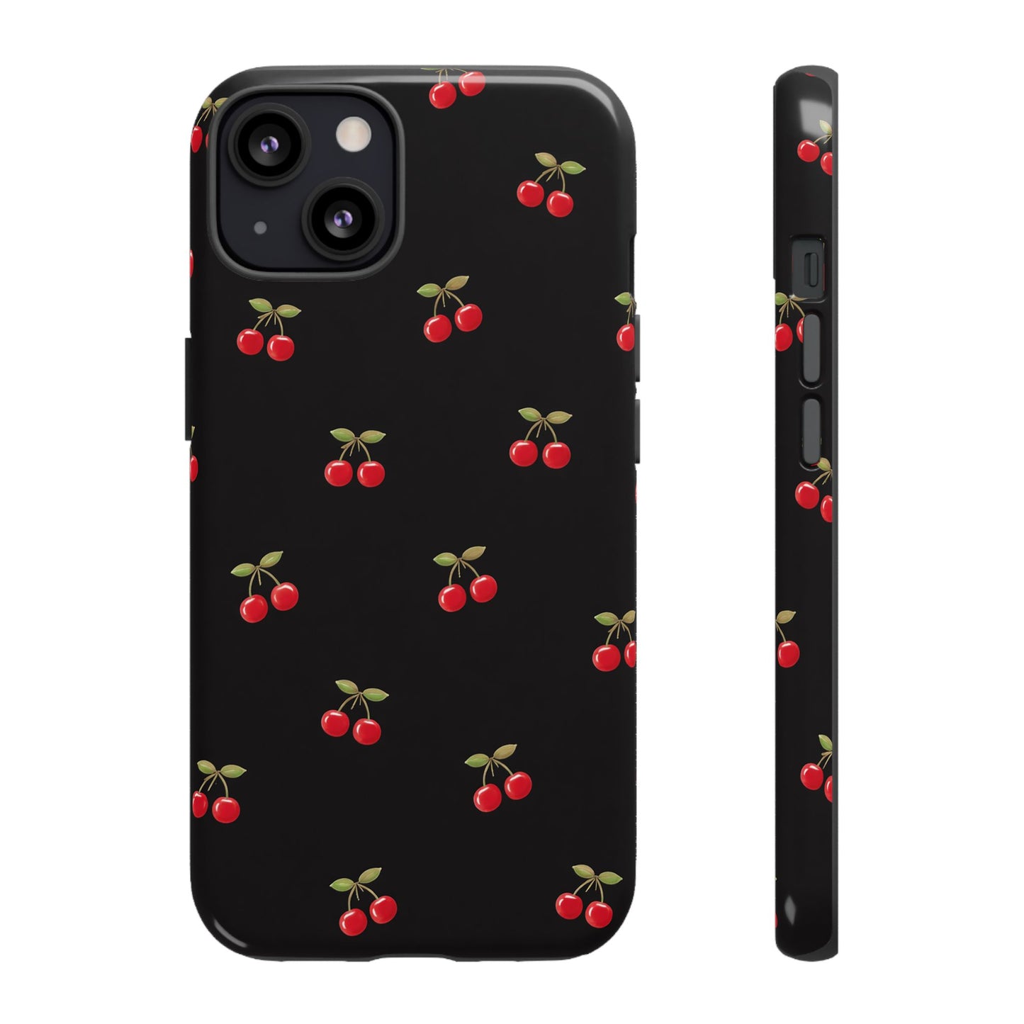 Cherry Pattern Phone Case — Slim Black Protective iPhone Case with Red Cherries for Iphone, Samsung Galaxy and Pixel