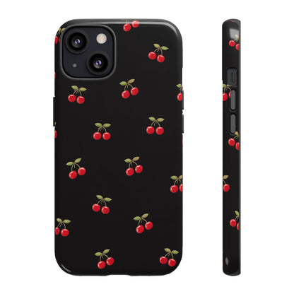 Cherry Pattern Phone Case — Slim Black Protective iPhone Case with Red Cherries for Iphone, Samsung Galaxy and Pixel