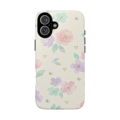 Pastel Floral Phone Case – Coquette Watercolor Flower Hearts Tough Case (iPhone, Samsung, Pixel)