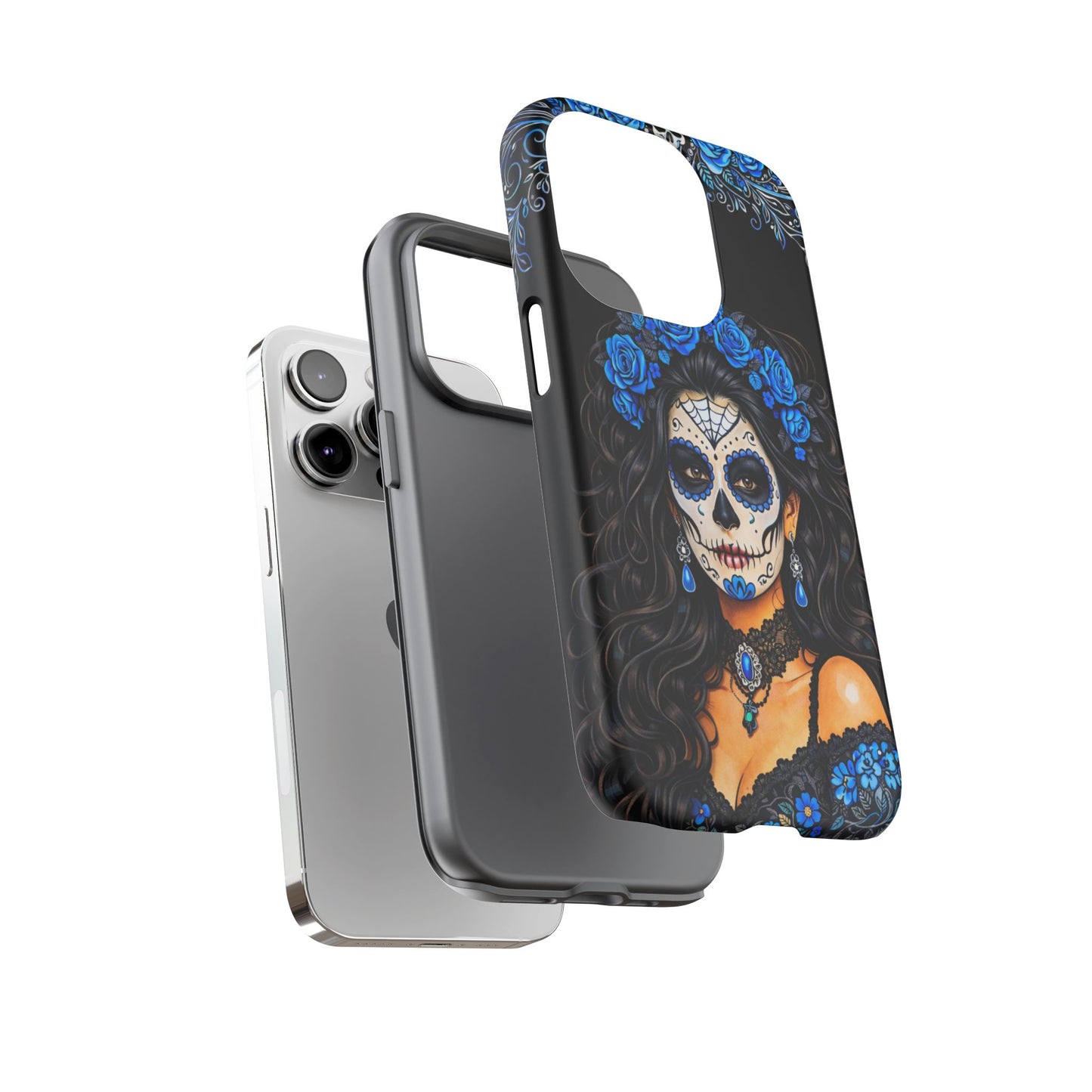 Blue Sugar Skull Woman Phone Case – Day of the Dead Aesthetic Tough Cover
