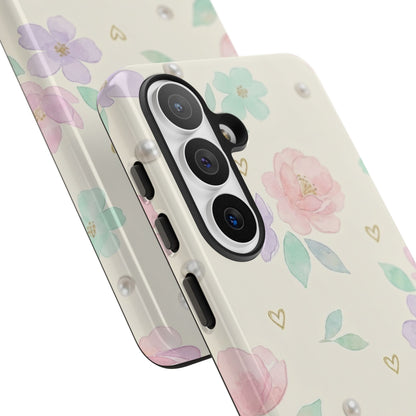 Pastel Floral Phone Case – Coquette Watercolor Flower Hearts Tough Case (iPhone, Samsung, Pixel)