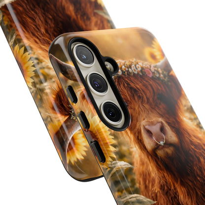 Highland Cow Sunflower Phone Case | Floral Farmhouse iPhone, Samsung Galaxy and Pixel Cover