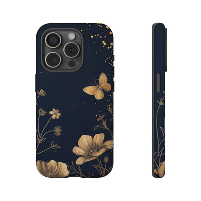 Gold Floral Butterfly Phone Case, Dark Aesthetic Botanical, Elegant Black Luxury iPhone Samsung Cover