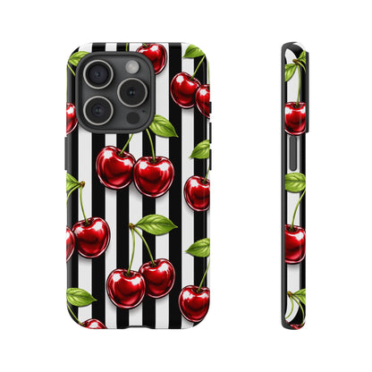 Cherry Pattern Phone Case Black White Stripe Retro Aesthetic Tough Cover